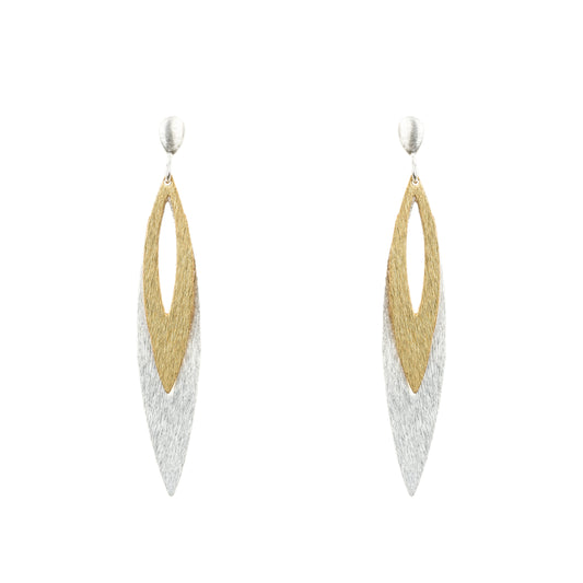 Italian Dual Tone Long Leaf Dangle Earrings