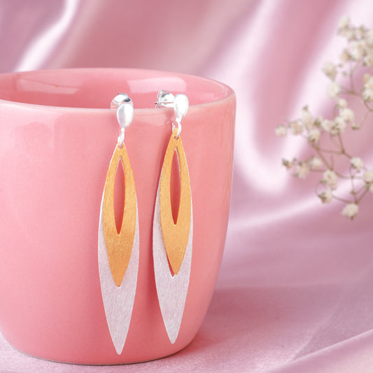 Italian Dual Tone Long Leaf Dangle Earrings