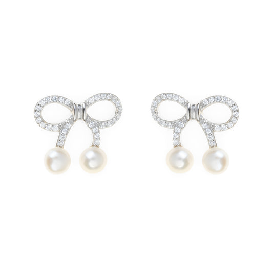 Silver zircon 'Silken Ribbon Glamour' earrings with freshwater pearl
