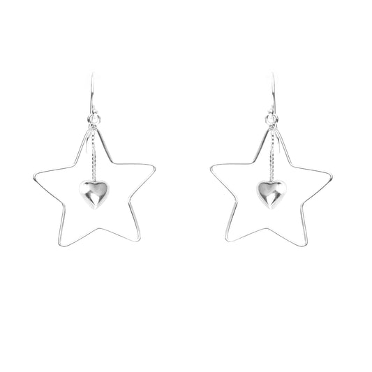 Italian Silver Star Heart Drop Dangle Earrings