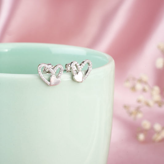 Silver zircon 'Heart to Heart' earrings