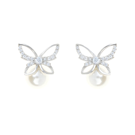 Silver zircon 'Elusive Flying Butterfly' earrings freshwater pearls