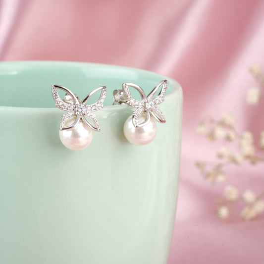 Silver zircon 'Elusive Flying Butterfly' earrings freshwater pearls