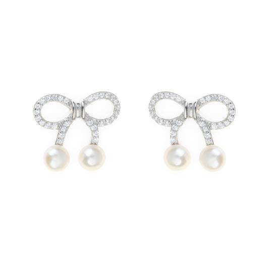 Silver zircon 'Silken Ribbon Glamour' earrings with freshwater pearl