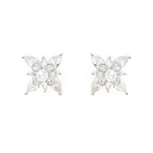 Silver zircon 'Petal Cascade' Earrings with freshwater pearl