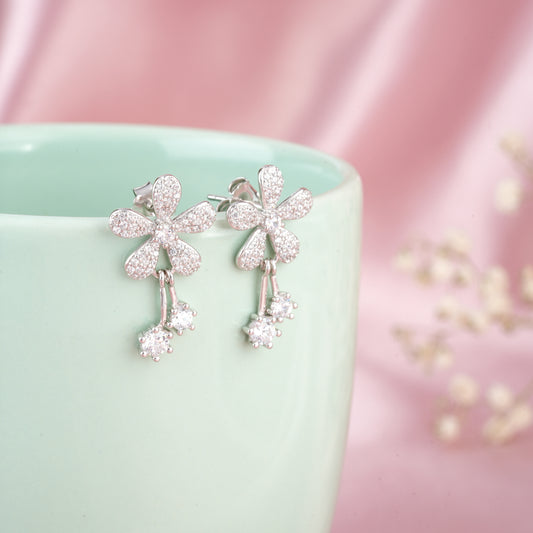 Silver zircon 'TetraBloom Charm' earrings