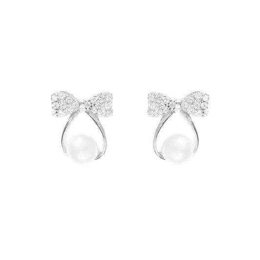 Silver zircon 'Pearly Bow Elegance' earrings with freshwater pearls