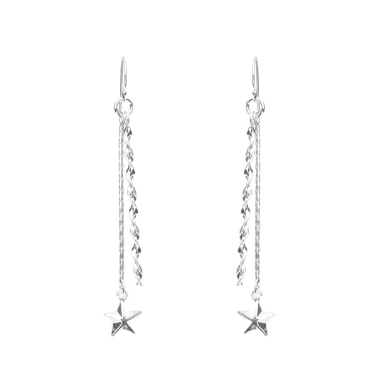 Italian Silver Two-LinedTwisted Hanging Star Drop Dangle Earrings