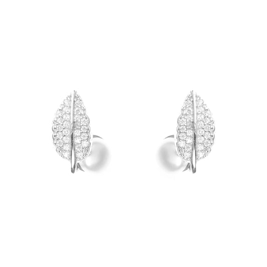 Silver zircon 'Dainty leaf charmer' earrings with freshwater pearls