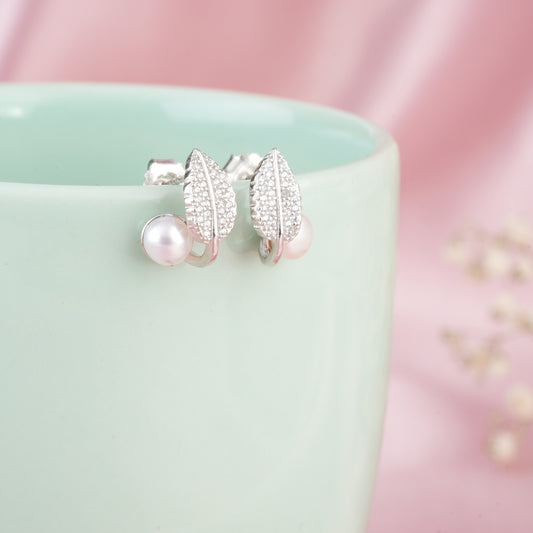 Silver zircon 'Dainty leaf charmer' earrings with freshwater pearls