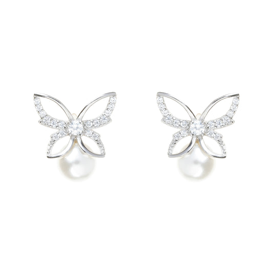 Silver zircon 'Elusive Flying Butterfly' earrings with freshwater pearls