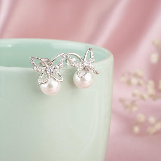 Silver zircon 'Elusive Flying Butterfly' earrings with freshwater pearls