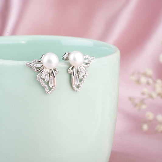 Silver zircon 'Fluttery Harmony' earrings with freshwater petals