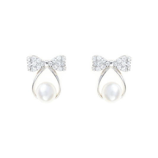 Silver zircon 'Pearly Bow Elegance' earrings with freshwater pearls