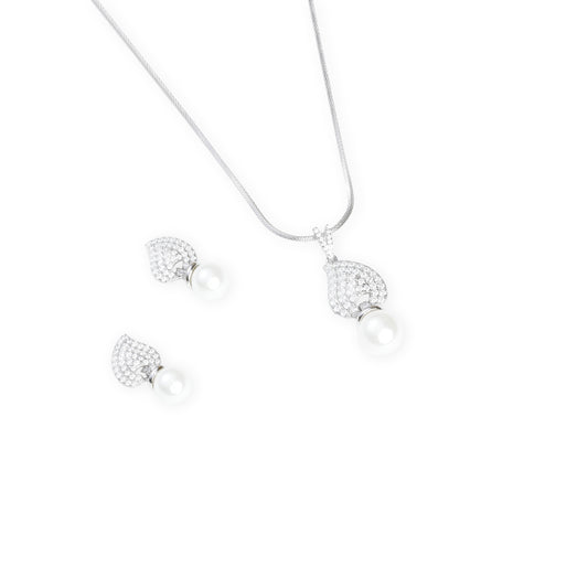 pearl drops with pave leaf design Earring-Pendant Set