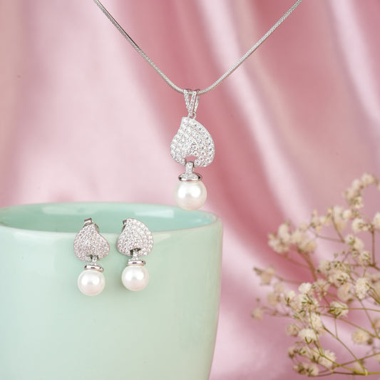 pearl drops with pave leaf design Earring-Pendant Set