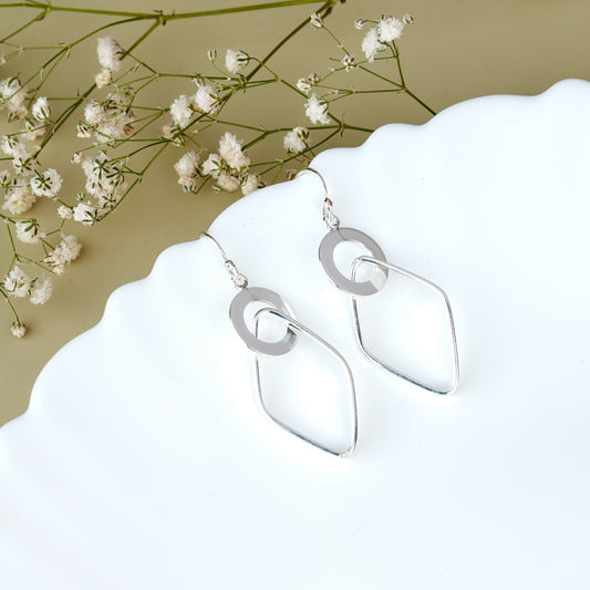 Italian Silver Circle in a Quadrangle Drop Dangle Earrings