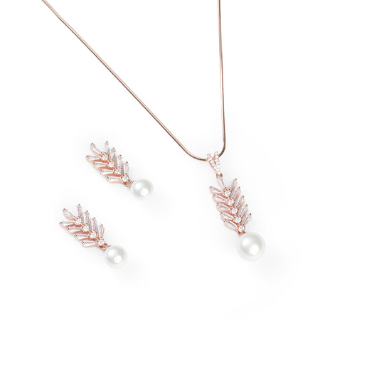 Elegant Leaf and Pearl Earring-PendantSet