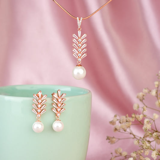 Elegant Leaf and Pearl Earring-PendantSet