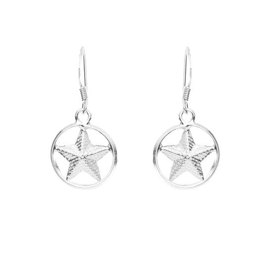 Italian Silver Cute Star in a Cirlce Drop Dangle Earrings