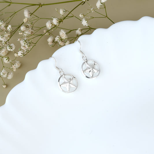 Italian Silver Cute Star in a Cirlce Drop Dangle Earrings