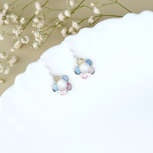 Silver Pastel Flower Dangle Earrings